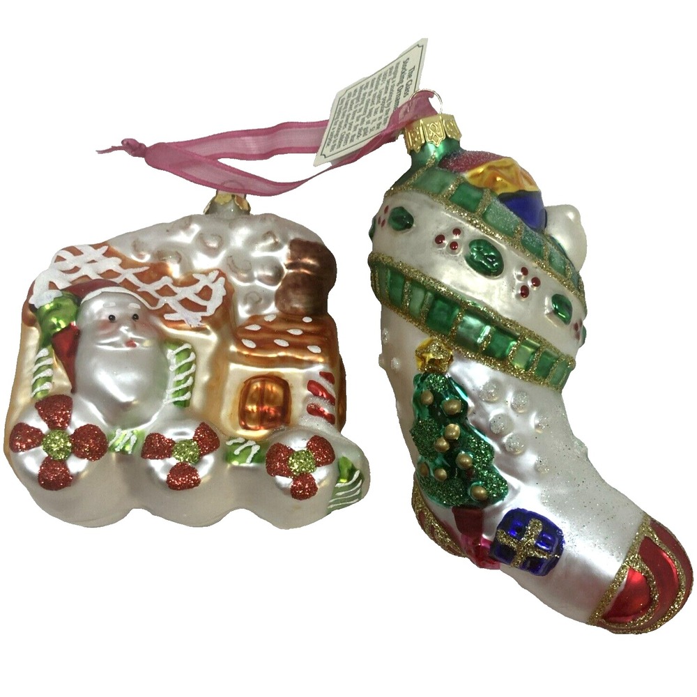 Vtg Pair of Old World Christmas Blown Glass Stocking‎ Gingerbread Ornament NWT